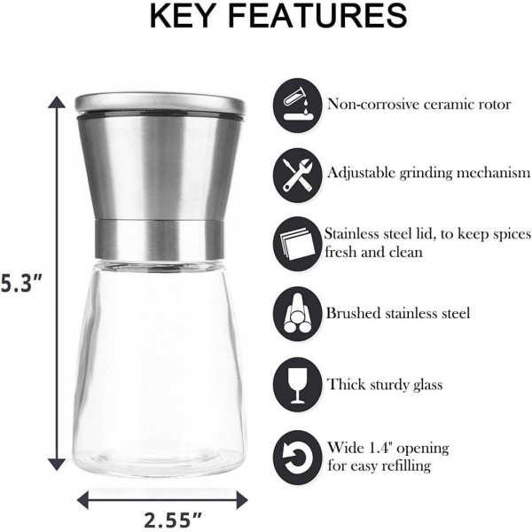 YANXI Manual Salt or Pepper Grinder for Professional Chef, Best Spice Mill with Stainless Steel Cap, Ceramic Blades and Adjustable Coarseness, Refillable Glass Body with 6OZ Capacity