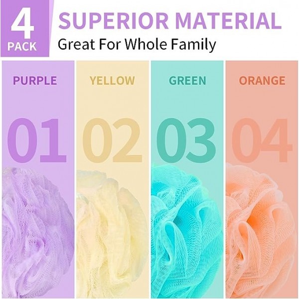 YANXI Bath Loofah Sponge Body Scrubber Shower Sponge Exfoliating Mesh Pouf Shower Ball Bath Sponges for Women and Men Bathing Accessories 4Pack 